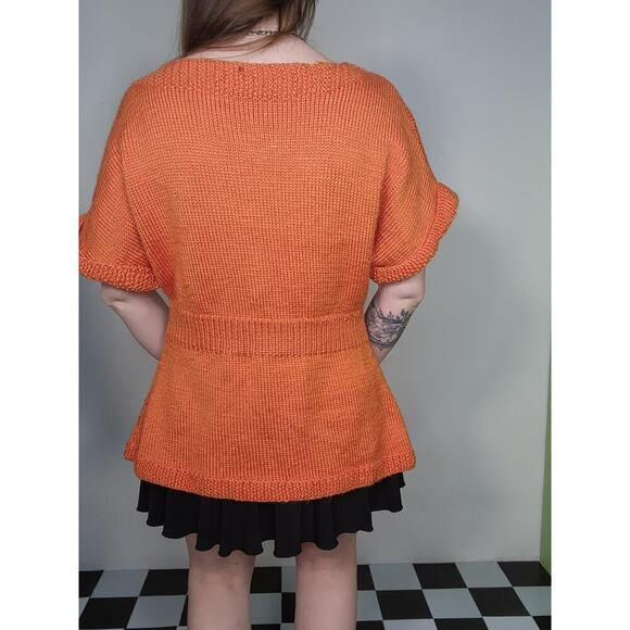 Handmade Bright Vibrant Orange Chunky Knit Button Up Short Sleeve Sweater Sz Med - Picture 6 of 6